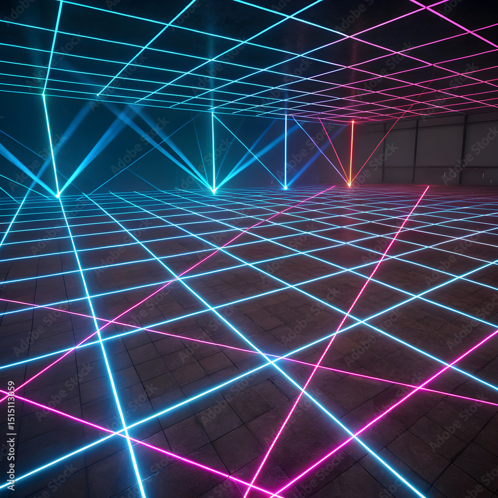 Poster abstract neon grid lines glowing in a dark empty room background