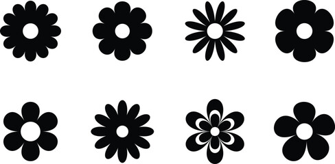 Groovy hippy flowers set. Spring flower vector set. Flower icon, hand drawn decorative. Flowers silhouette. Vector illustration.