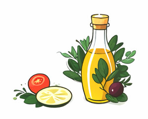 olive oil and fruits cartoon vector illustration with white area for insertion