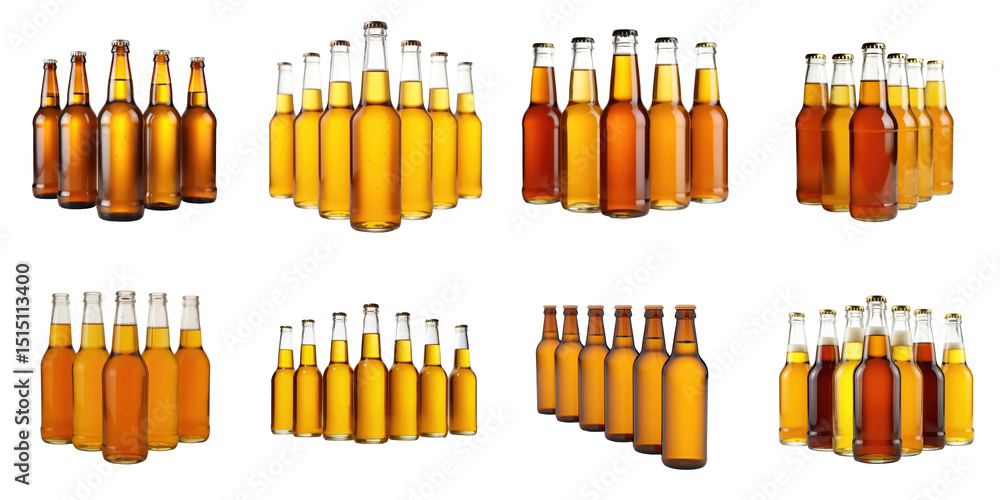 Poster variety of beer bottles with different perspectives and arrangements on transparent background featu