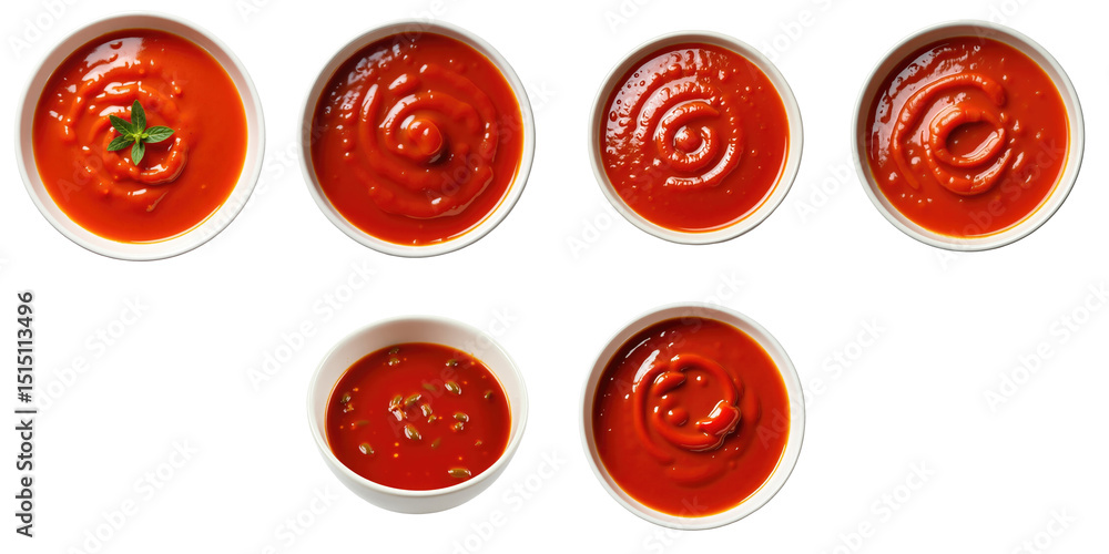 Poster assortment of bowls filled with rich red ketchup varieties on a transparent background featuring dif
