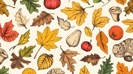 Autumnal leaves and gourds create a fall themed design.