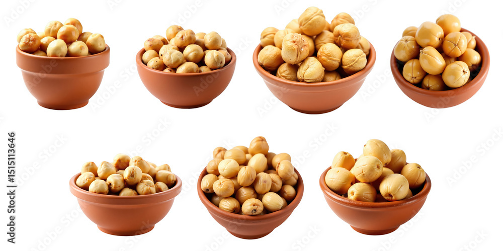 Poster bowl collection of puffed white nuts displayed on transparent background featuring various sizes of 