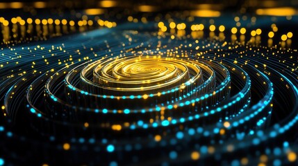 A modern circuitry arrangement glowing yellow and turquoise light streams folding into a spiral grid atop an infinite mirrored black plane