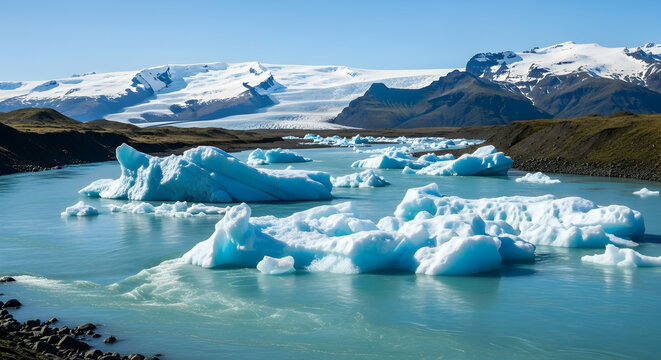 Icebergs Floating In Glacial Lagoon With Mountains Covered In Snow