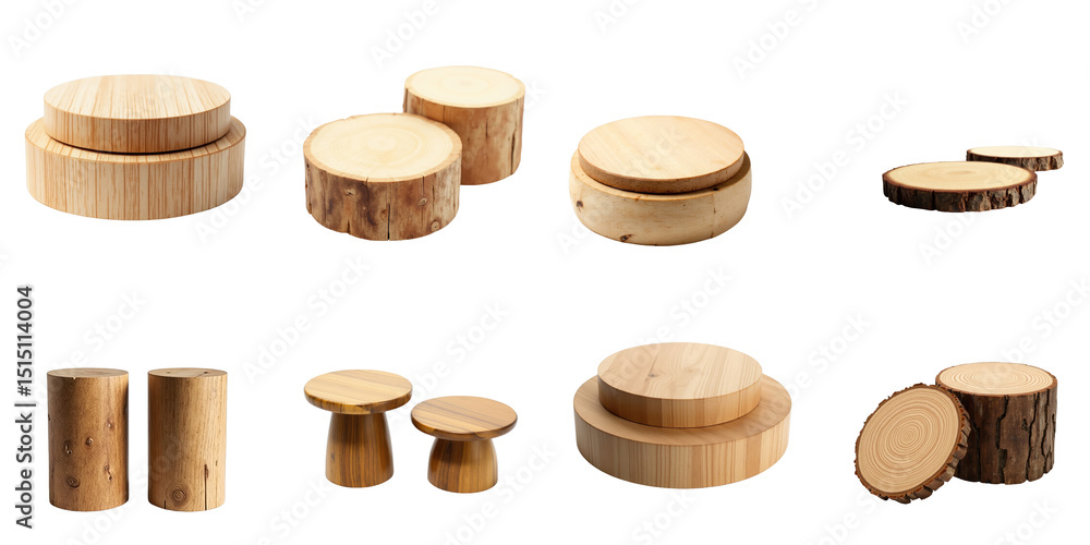 Poster variety of wooden discs and stools in different shapes and sizes featuring light textures and natura