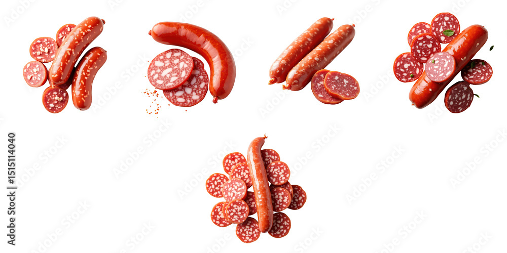 Poster variety of sliced and whole salami and sausages displayed on transparent background featuring differ