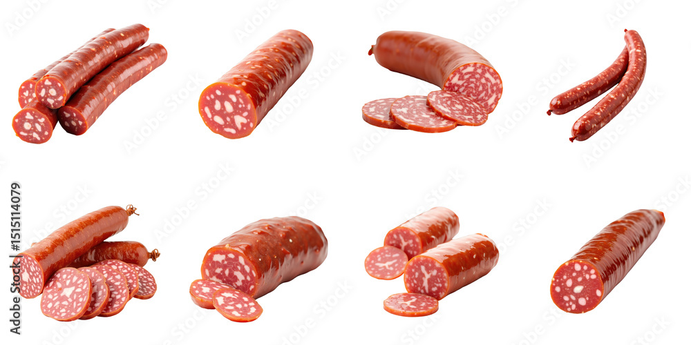 Poster collection of various types of sausages on transparent background featuring whole and sliced sausage
