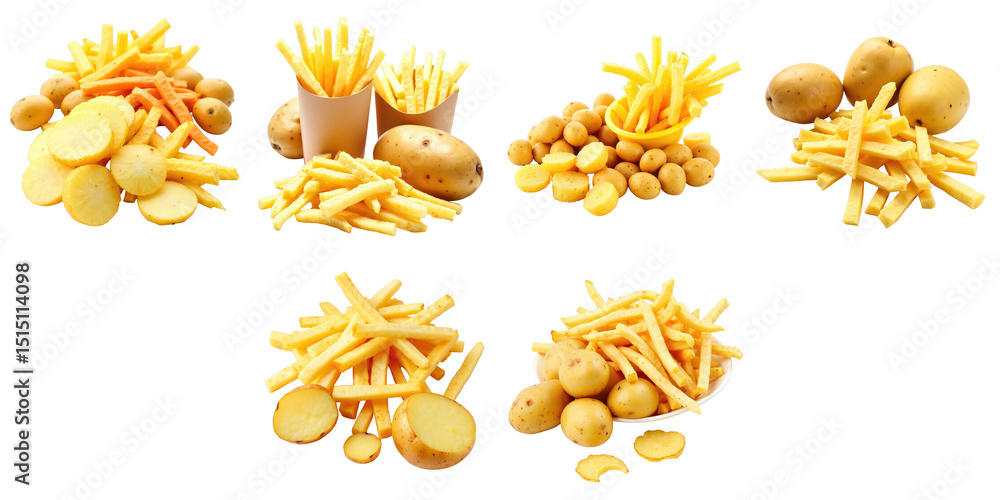 Poster variety of potato products displayed with different shapes and sizes including fries, slices, and wh