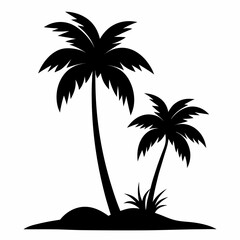 Fototapeta premium Tropical palm tree silhouettes against a vibrant sunset beach landscape, perfect for summer island vacation designs