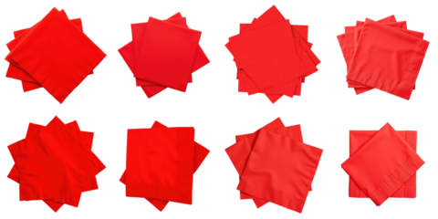 Collection of Various Red Fabric Squares Displayed on a transparent Background Featuring Different Textures and Shapes of Solid and Patterned Red Fabrics