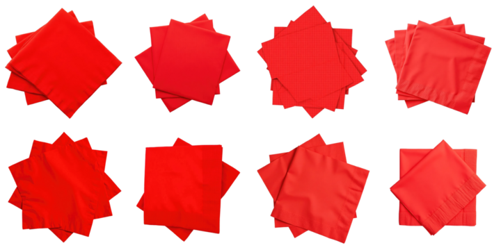 Collection of Various Red Fabric Squares Displayed on a transparent Background Featuring Different Textures and Shapes of Solid and Patterned Red Fabrics
