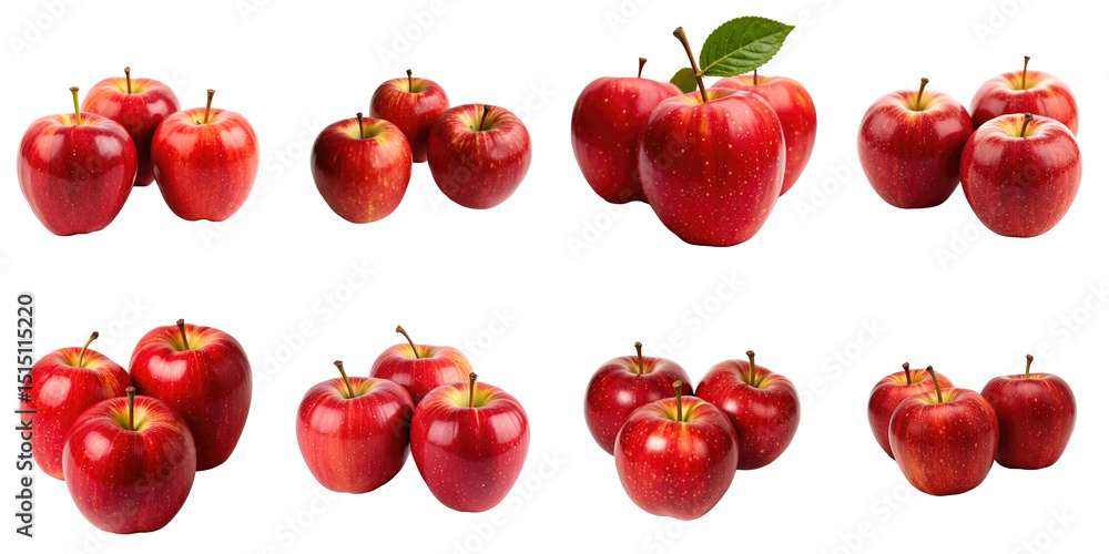 Poster collection of fresh red apples on transparent background with various arrangements and leaf detail