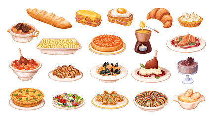 French cuisine, restaurant and homemade menu cartoon set. Plates with quiche Lorraine and tarte Tatin, ratatouille and escargots, croissant. French food mascots, cartoon collection vector illustration