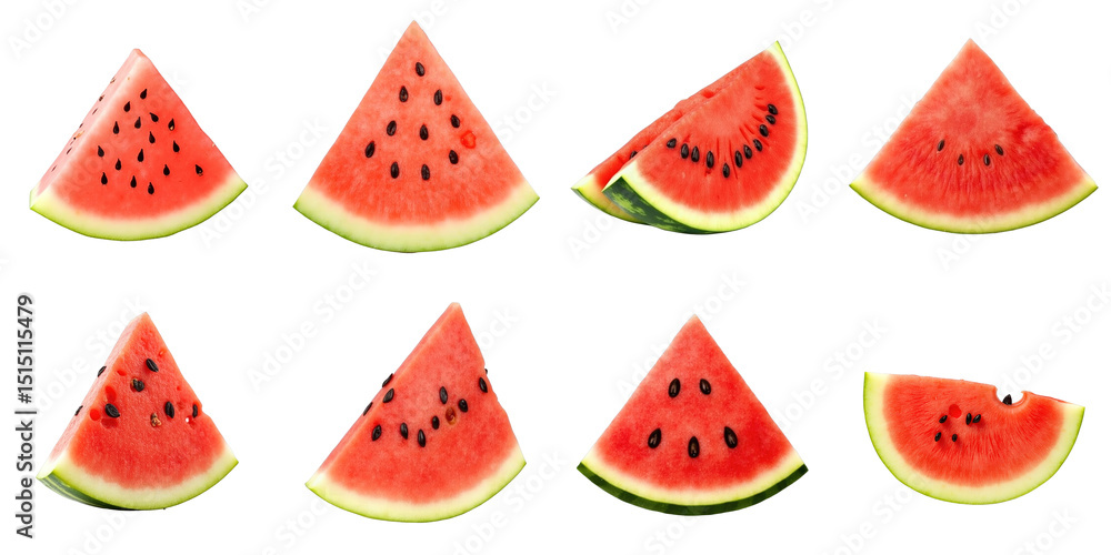 Poster collection of fresh watermelon slices displayed on transparent background featuring different angles