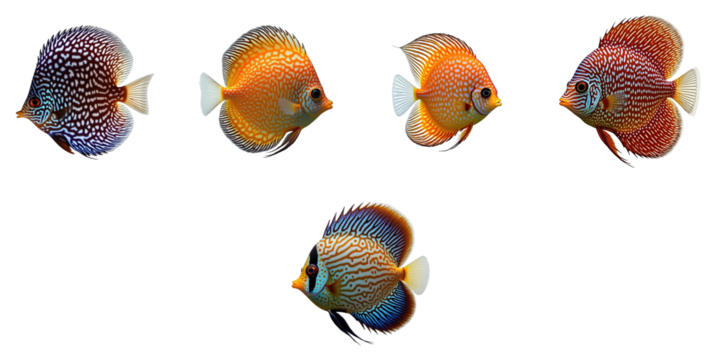 Vibrant Collection of Discus Fish Featuring Five Distinct Color Patterns and Textures Displayed Against a transparent Background for High Contrast and Visual Appeal