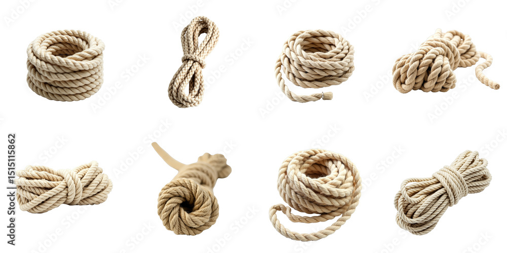 Poster collection of various natural fiber ropes in different configurations including knots and loops agai