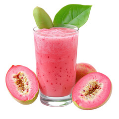 Refreshing guava smoothie served in a clear glass with fresh fruits on a white background