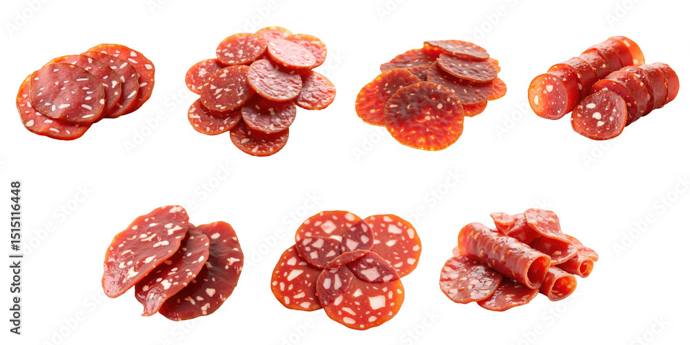 Poster assorted slices of salami displayed on a transparent background featuring various cuts and thickness