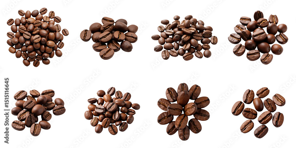 Poster collection of coffee beans displayed in various arrangements on a dark background featuring eight di