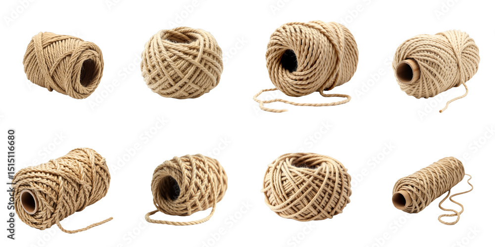 Poster collection of twisted natural jute rope bundles and spools featuring various textures and arrangemen