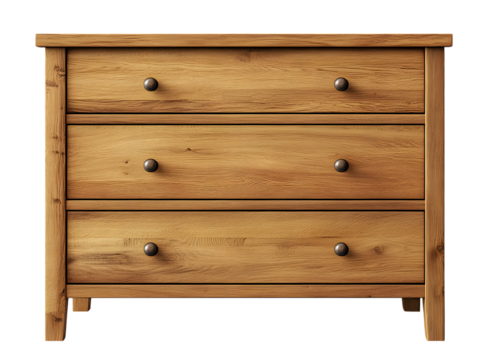Three drawer wooden chest of drawers isolated on transparent background
