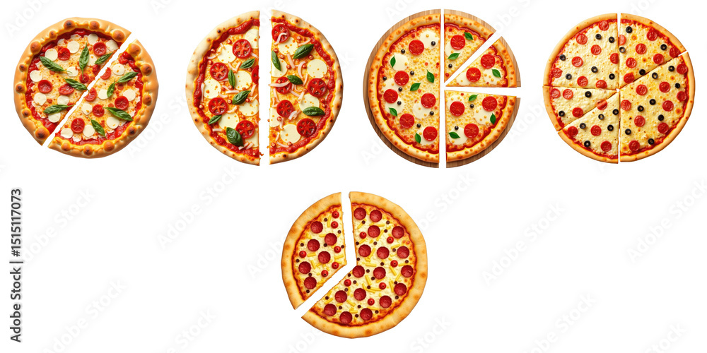 Poster collection of various sliced pizzas displaying different toppings arranged on a transparent backgrou