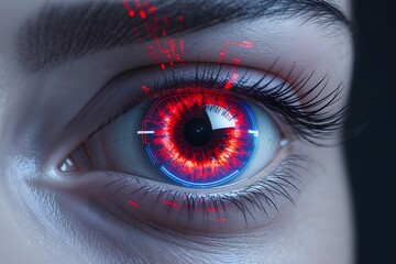 close-up of a human eye with bright red and blue digital overlays organically integrated into the iris,