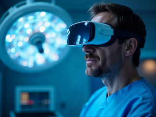 A surgeon in an operating room wearing virtual reality glasses, experiencing the surgical procedure.