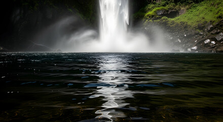 Majestic Waterfall Cascading Into Tranquil Waterscape Underneath Forest Foliage