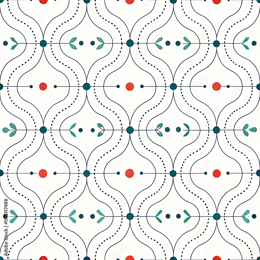 Poster elegant seamless pattern with curved lines, dots, circles and leaves