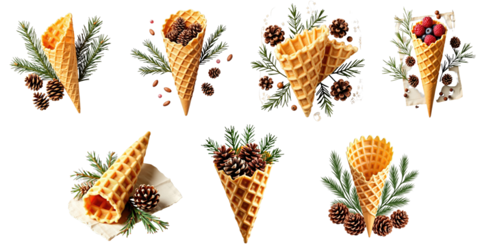Colorful Ice Cream Cones with Pine Cones and Greenery Displayed on transparent Background Featuring Various Toppings like Berries and Nuts in a Festive Arrangement