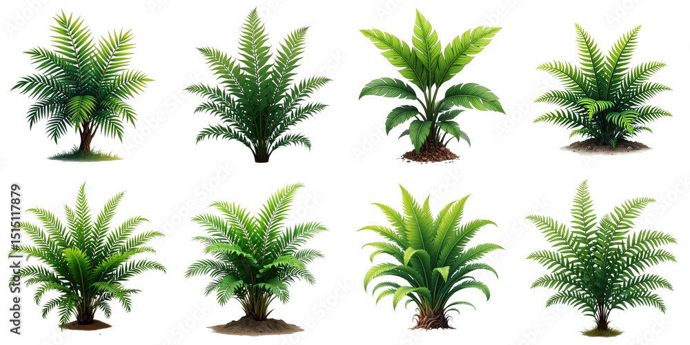 Poster collection of realistic fern plants in various shapes and sizes with lush green leaves against a tra