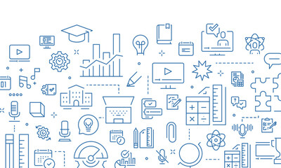 Online learning, distance education, internet access, working environment, computer equipment, modern desk setup outline icons, minimal contour style clean white background flat vector illustration.