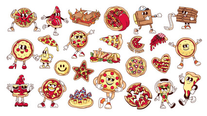 Groovy pizza stickers and cartoon characters set. Funny retro whole pizza and slices, snacks of different shapes. Fast food mascots, cartoon Italian restaurant badges of 70s 80s vector illustration