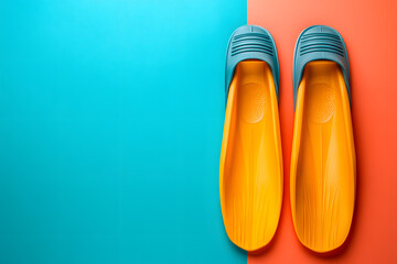 Swimming flippers on color background, top view. Space for text.