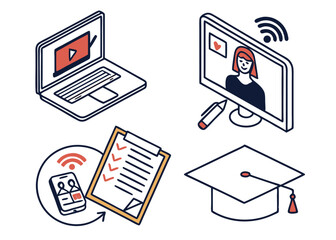 filled outline icon set representing remote education essentials 