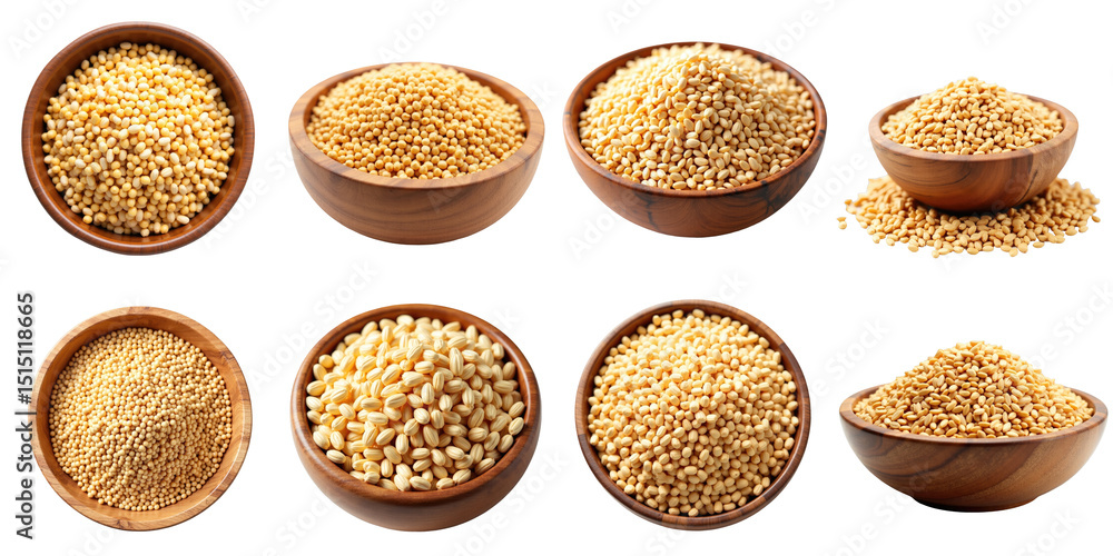 Aufkleber assorted bowls of grains displaying various types of yellow seeds on transparent background featurin