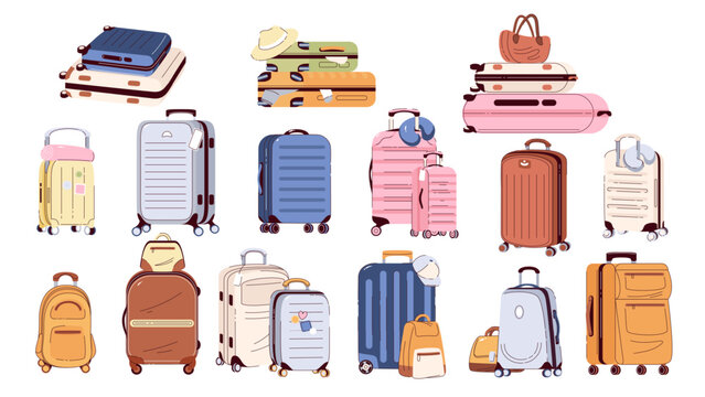 Travel cartoon luggage set. Rectangular plastic suitcases with wheels, big and small cases, various bags stack and backpack. Baggage mascot, luggage collection cartoon vector illustration