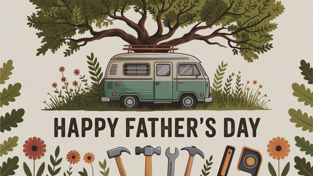 Happy father's day greeting with camper van and gardening tools illustration