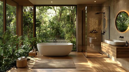 Fototapeta premium Modern bathroom with jungle view