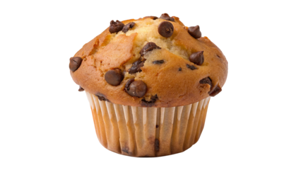 A single chocolate chip muffin in a white paper cup against a plain white background in a studio shot