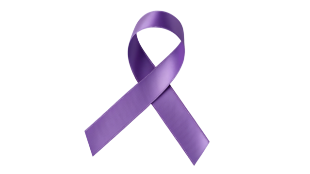 A single purple ribbon folded in a loop on a white background representing a cause or awareness symbol