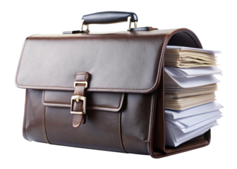 leather briefcase containing papers isolated on white background 