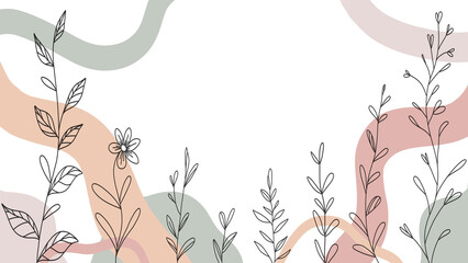Minimalist botanical line art background with abstract pastel shapes elegant hand-drawn floral illustration for invitations, packaging, social media, and branding design
