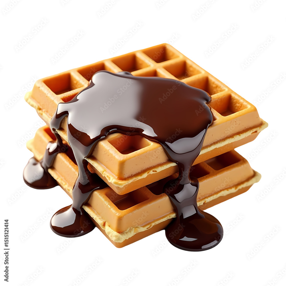 Poster a stack of three waffles with chocolate syrup dripping down close up isolated on transparent backgro