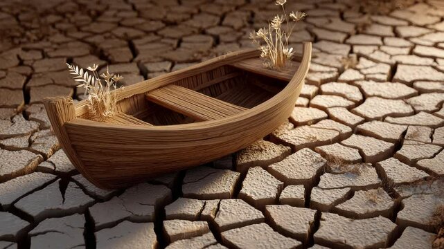 A boat stranded on dry cracked earth, symbolizing dislocation and a lost sense of direction.