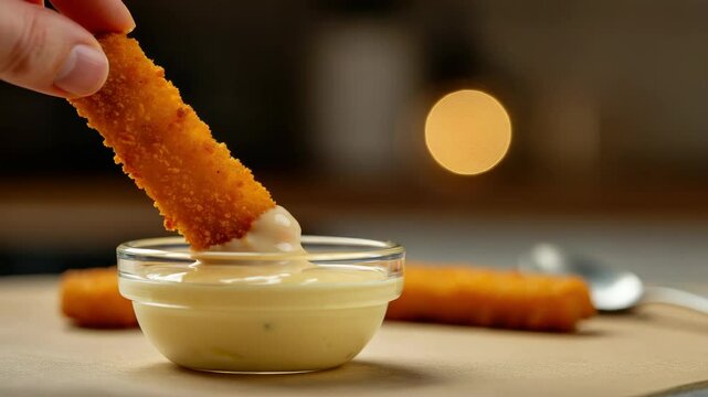 Breaded fish stick dipped in creamy white sauce small glass bowl