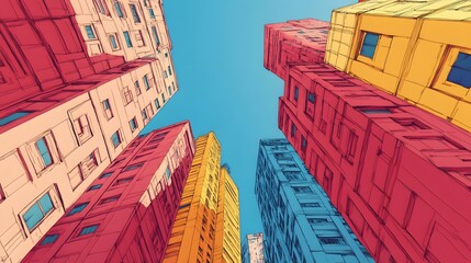 Colorful urban buildings viewed from below.