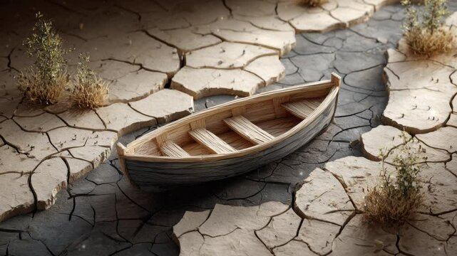 A boat stranded on dry cracked earth, symbolizing dislocation and a lost sense of direction.